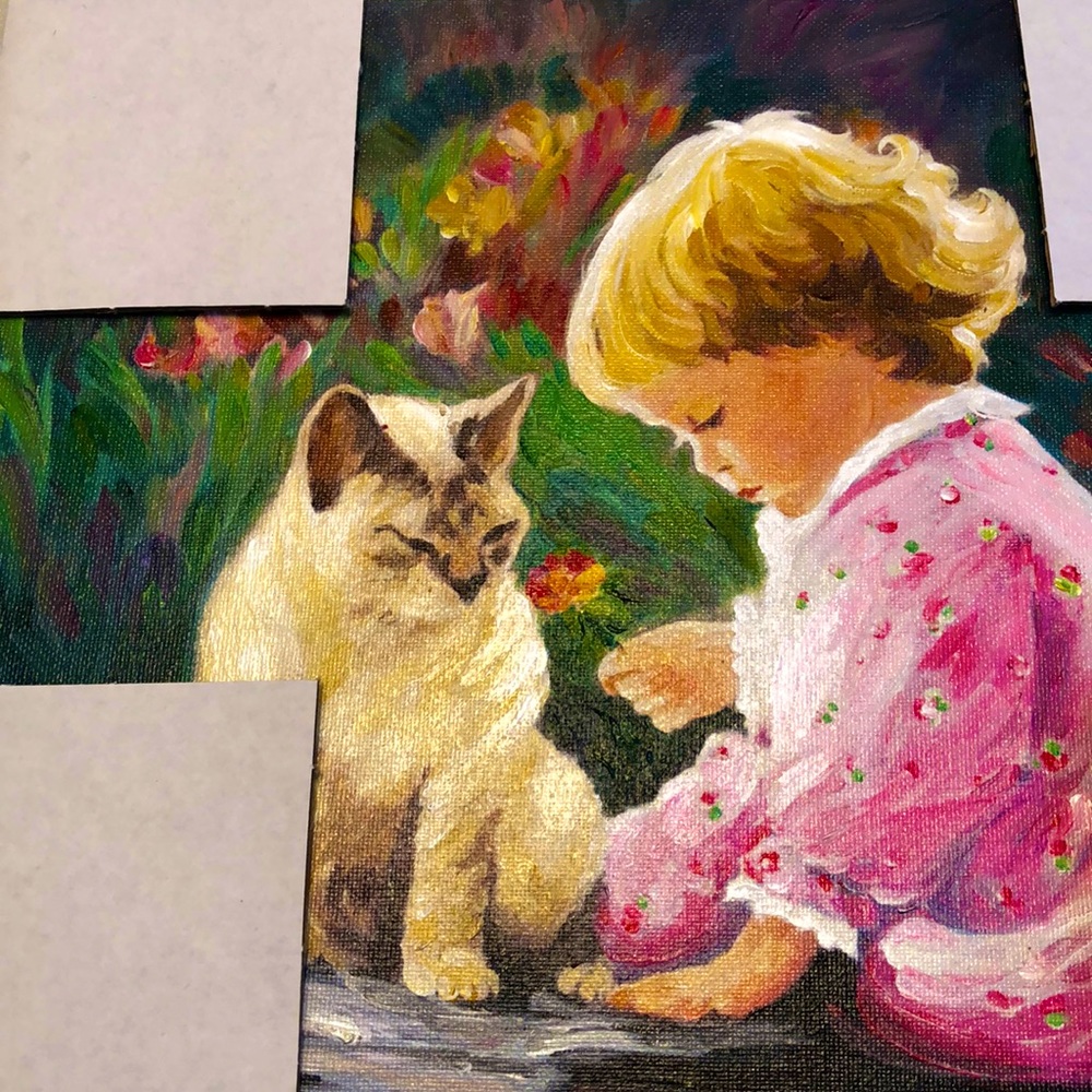 Cat and child with flower oil painting on canvas!